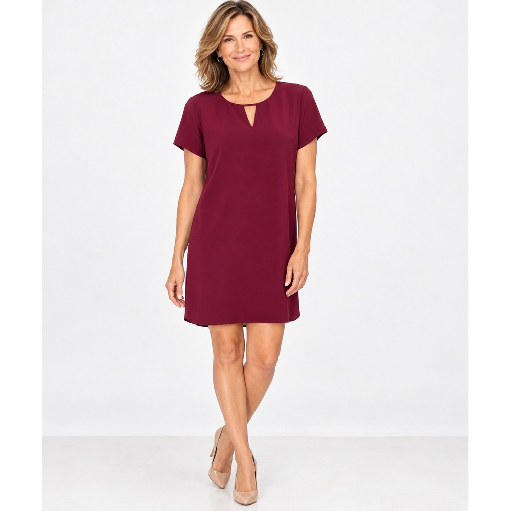 Merona Shift Dress Women XL Burgundy Keyhole Neck Short Sleeve Crepe Stretch